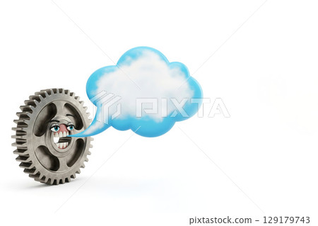 A cogwheel with a face exhales a cloud. Space for text. 129179743