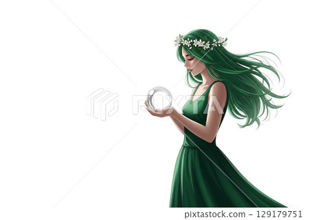 A girl with green hair holds a crystal ball. Space for text. 129179751
