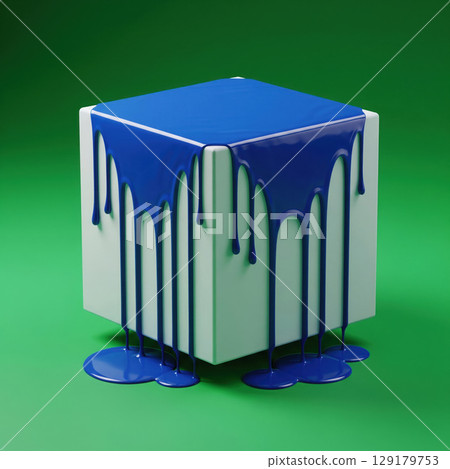 A cube covered with blue paint dripping down the faces. 129179753