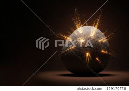 A stone from which sparks and flames burst out. Space for text. 129179756