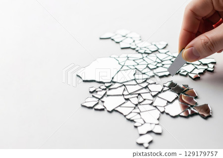 They try to put the broken mirror into a map. Space for text. 129179757