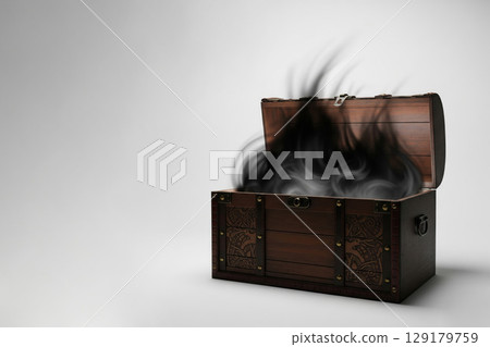 Pandora's box with black smoke escaping. Space for text. Pandora's box with black smoke escaping. Space for text. 129179759