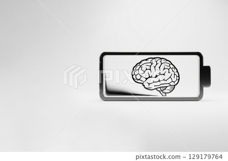 An icon of the brain inside a nearly dead battery. Space for text. 129179764
