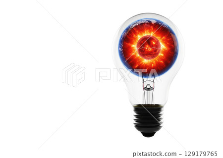 A lamp with the flame of the sun inside as a source of energy. Space for text. 129179765