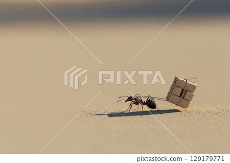 An ant is dragging a box in the desert. Space for text. 129179771