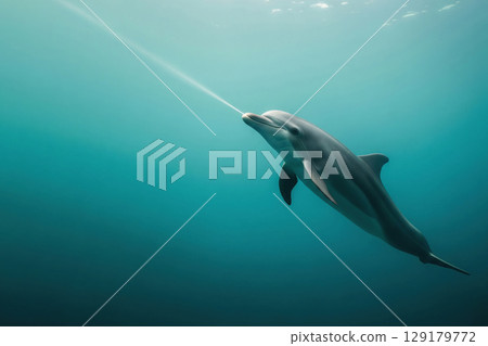 A dolphin releases a jet of air in the water. Space for text. 129179772