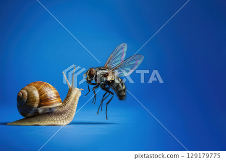 A snail and a fly at the moment of an unexpected meeting. Space for text. 129179775