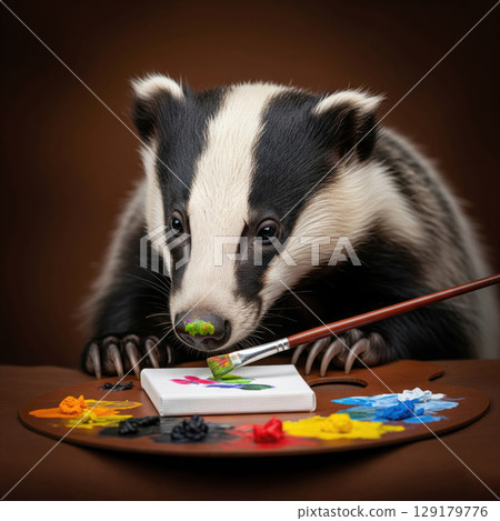 Badger paints with a brush on a small canvas. 129179776