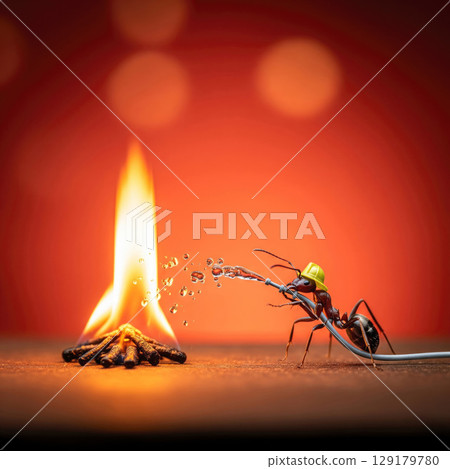 A firefighting ant extinguishes flames with a hose. 129179780