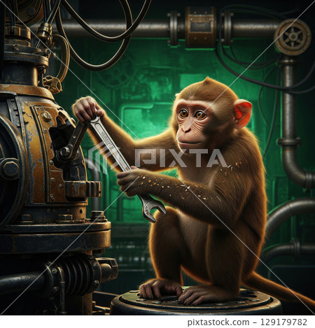 A locksmith monkey with a wrench in a machine shop. A locksmith monkey with a wrench in a machine shop. 129179782
