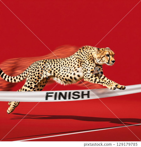 Cheetah crossing the finish line on a red background. 129179785