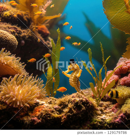 A seahorse-conductor in a top hat among the corals. A seahorse-conductor in a top hat among the corals. 129179786