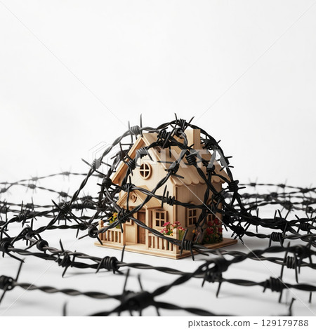 A house in a ring of barbed wire as a symbol of restriction. A house in a ring of barbed wire as a symbol of restriction. 129179788
