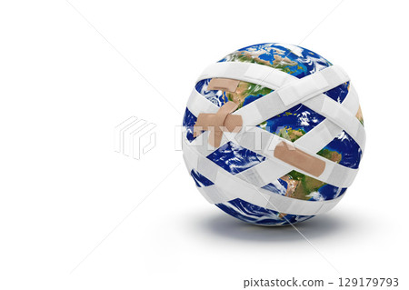 Planet Earth, wrapped in bandages and plasters. Space for text. 129179793