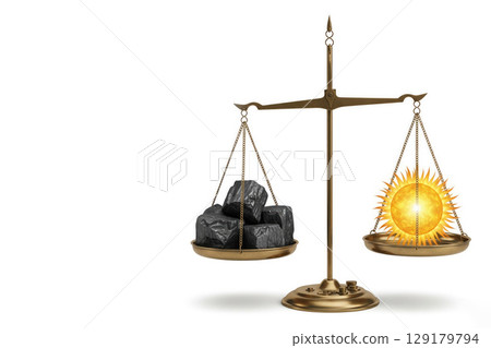 Scales with coal and the sun as a symbol of energy choice. Space for text. 129179794