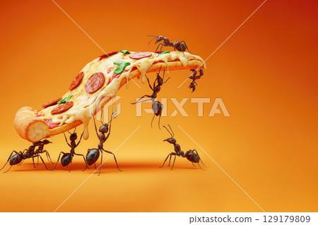 Ants carry a giant slice of pizza. Space for text. 129179809