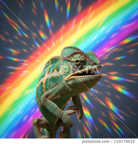 Chameleon against the background of rainbow light. 129179810