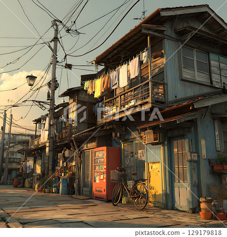 黃昏時分的日本後巷景象，衣物隨風搖曳 129179818