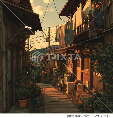 黃昏時分的日本後巷景象，衣物隨風搖曳 129179819