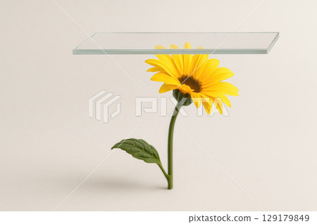 A yellow gerbera supporting a sheet of glass is a symbol of stability. Space for text. A yellow gerbera supporting a sheet of glass is a symbol of stability. Space for text. 129179849