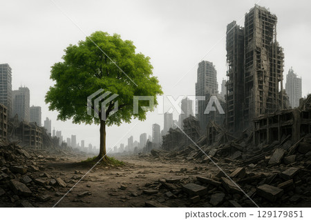 A lonely green tree among the ruins of a ruined city. 129179851