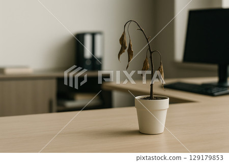 A withered office plant against the background of a computer. Space for text. A withered office plant against the background of a computer. Space for text. 129179853