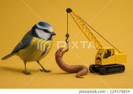 A hunts a worm with a crane. A hunts a worm with a crane. 129179854