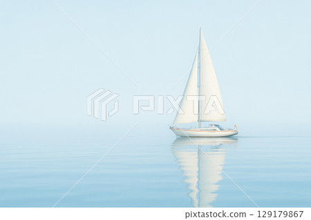 A lonely sailboat on the calm surface of the water in the fog. Space for text. A lonely sailboat on the calm surface of the water in the fog. Space for text. 129179867