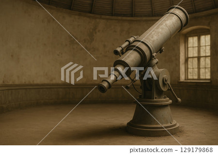 An old telescope in an abandoned observatory. Space for text. An old telescope in an abandoned observatory. Space for text. 129179868