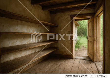An old empty closet with a slightly open door. An old empty closet with a slightly open door. 129179872
