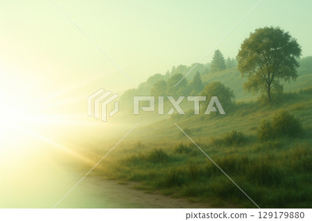 A foggy morning with sunshine on the green hills. Space for text. 129179880