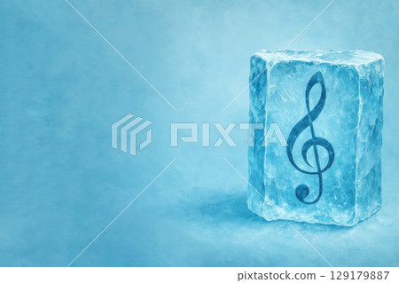 A musical note frozen in a block of ice. Space for text. 129179887