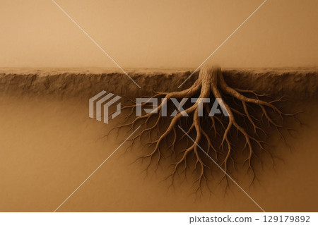Tree roots in the ground. Space for text. 129179892