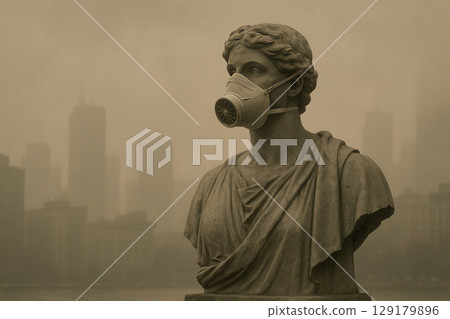 An antique statue in a gas mask against the background of a city in smog. An antique statue in a gas mask against the background of a city in smog. 129179896