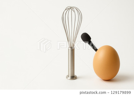 An egg with a microphone and a metal whisk. Space for text. 129179899