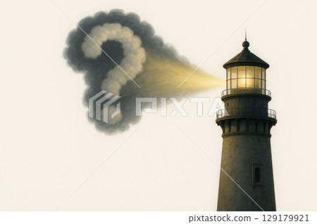 A lighthouse that emits light in the form of a question mark from smoke. Space for text. A lighthouse that emits light in the form of a question mark from smoke. Space for text. 129179921