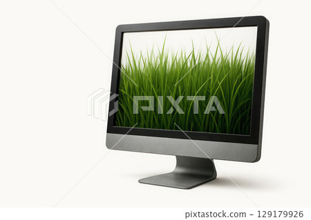A monitor with a screen completely covered with thick grass. Space for text. 129179926