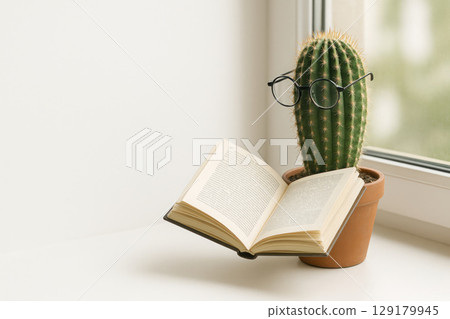 A cactus with glasses reading a book by the window. Space for text. 129179945