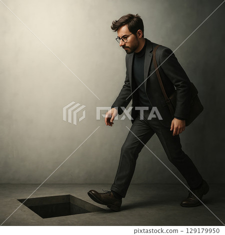 A man in a business suit walks towards a square hole in the floor. Space for text. A man in a business suit walks towards a square hole in the floor. Space for text. 129179950