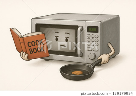 A microwave oven with hands cooks from a cookbook. 129179954