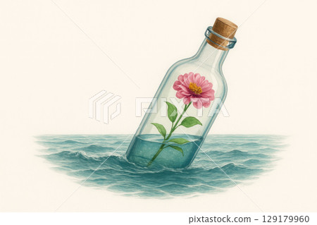Flower inside a bottle floating on water. 129179960