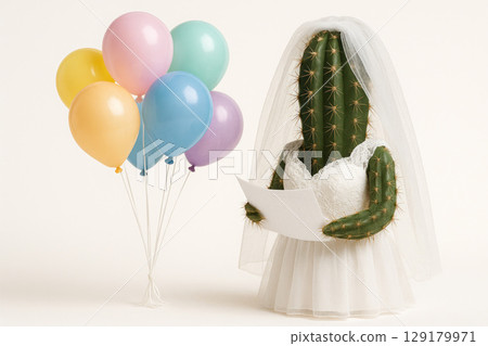 Cactus-bride with airy with multi-colored balloons. Cactus-bride with airy with multi-colored balloons. 129179971