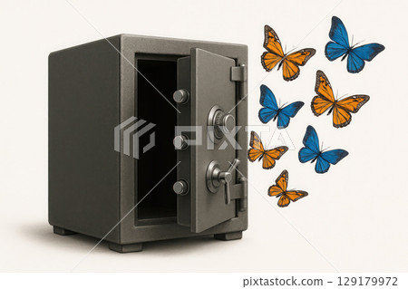 A safe from which butterflies fly out. A safe from which butterflies fly out. 129179972