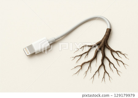 A charging cable that turns into roots. Space for text. 129179979
