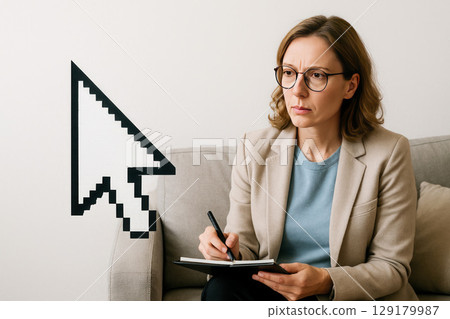 Female psychologist with notepad and pixel cursor. 129179987