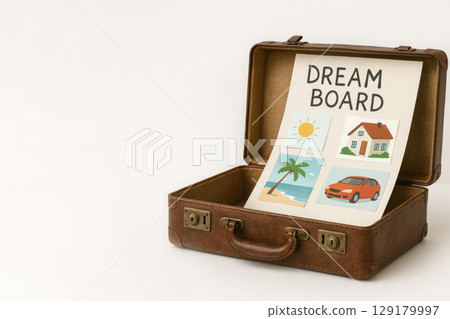 A suitcase with a wishboard and dreams of the future. Space for text. 129179997