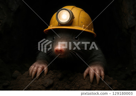 A mole miner in a helmet with a lantern in a dark hole. 129180003