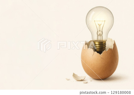An idea born from an egg, a light bulb in the shell. Space for text. 129180008