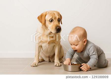 A surprised Labrador and a toddler who eats from a dog bowl. Space for text. 129180009