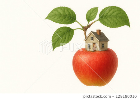 A house on an apple with leaves as a roof on a light background. Space for text. 129180010